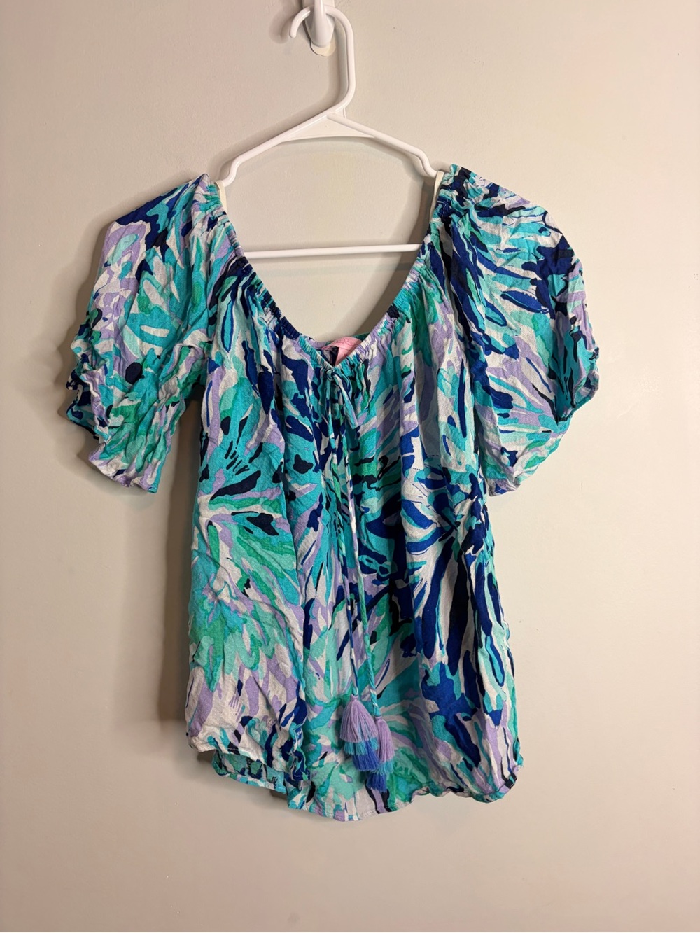Lilly Pulitzer Aqua Purple Multi Floral Peasant Blouse Tassles Medium